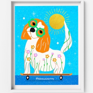 Cavalier King Charles Spaniel Cartoon Wall Art, Sun Background in Bright Blue, Digital Print, Instant Download, Pet Lover Decor