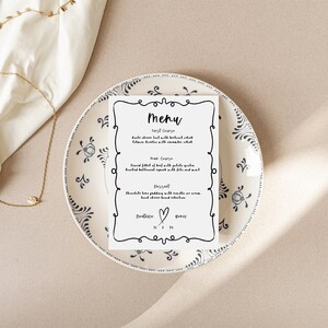 Modernes Hochzeitsmenukarte Vorlage - Vintage Inspirierte Schwarz Weisse Handgezeichnete Illustrationen im Französischen Stil - Digitaler Download BEATRICE