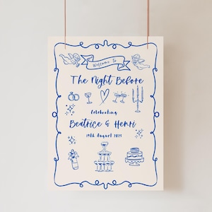 Rehearsal Dinner Sign, Night Before Sign, Whimsical Scribble Illustration, French Inspired, Blue, Cream Editable Instant Download BEATRICE