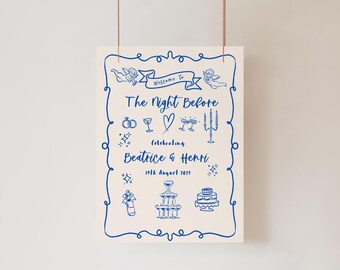 May include: A white sign with blue text and illustrations announcing "The Night Before" celebrating Beatrice & Henri on 19th August 2023. The sign features illustrations of wedding rings, champagne glasses, a heart, candles, a cake, and a bottle of champagne.
