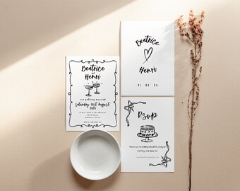 Modern Wedding Invitation Template Suite - Vintage Inspired Black White French Style Whimsical Illustrations - Digital Download BEATRICE
