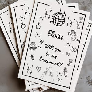 Plantilla de tarjeta de PROPUESTA DE DAMA DE HONOR Bola de discoteca ¿Quieres ser mi dama de honor? Ilustración caprichosa Descarga digital Tarjeta dibujada a mano ELOISE