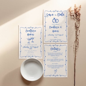 Moderne Hochzeitseinladung Vorlage Set - Vintage inspirierte Blau Weiße Französische Stil Wunderliche Illustrationen - Digital Download BEATRICE