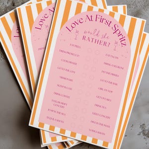 Liebe auf den ersten Spritz Brautparty Spiel "Würde sie eher?" Hen Party Spiel Girls Night Out Bachelorette Bearbeitbare Sofort Download