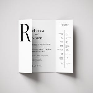 May include: A tri-fold wedding invitation with a minimalist design. The invitation features the names "Rebecca and Simon" in a modern font, along with the wedding date and a timeline of events. The color scheme is primarily black and white.