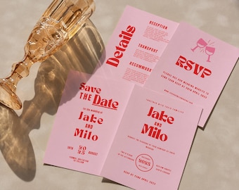 May include: Pink save the date cards with red text announcing the wedding of Jake and Milo on 20th August 2025. The cards feature a modern font style and a simple design.
