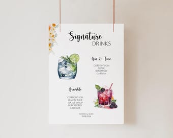 Wildflower Wedding Bar Menu Template | Floral Drink Menu | Cocktail Menu Signage | Signature Drink Sign, 140+ Drinks and Garnishes NIAMH