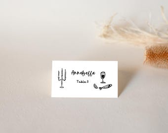 Tarjetas de lugar para bodas escritas a mano / Tarjetas de lugar con descarga instantánea / Tarjetas con nombres de mesa / Tarjetas de lugar con ilustraciones extravagantes / Cena