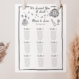 Può includere: Piano di posti a sedere per matrimonio in bianco e nero con il testo "We Saved You A Seat + Eloise & Sam 19th August 2025". Il piano elenca gli ospiti per numero di tavolo.