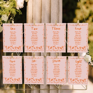Tarjetas de plan de asientos para bodas, tarjetas de gráficos de asientos con ilustración de garabatos caprichosos, de inspiración francesa, descarga instantánea editable en melocotón BEATRICE