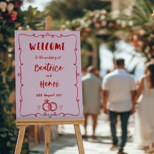 Wedding Welcome Sign, Whimsical Scribble Illustration, French Inspired, Pink, Red, Editable Instant Download BEATRICE