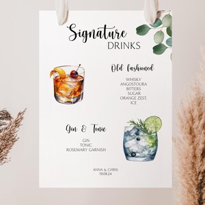 Sjabloon barmenu | Moderne bewerkbare drankmenusjabloon | Greenery Signature Drinks-bord | Eucalyptus, 140+ drankjes en garnituren ANNA