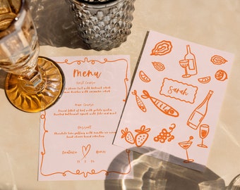 Modern Wedding Menu Template - Vintage Inspired Peach Orange Hand Drawn French Style Whimsical Illustrations - Digital Download BEATRICE