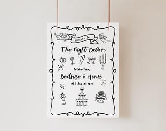 May include: Black and white printable sign with the text "Welcome to The Night Before celebrating Beatrice & Henri 18th August 2023". The sign features illustrations of wedding rings, champagne glasses, a heart, a candelabra, a cake, and a champagne fountain.