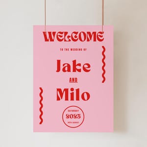 Cartello di benvenuto per matrimonio retrò / Cartello di benvenuto stampabile per matrimonio / Download immediato / Modello di cartello di benvenuto / Cartello di matrimonio vintage, rosa rosso MILO