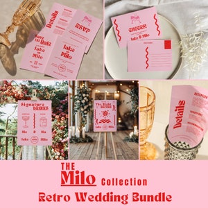 WEDDING BUNDLE Retro Wedding Editable Canva Template Instant Download DIY Wedding Sign Self Editable Wedding Stationery Pink Red milo