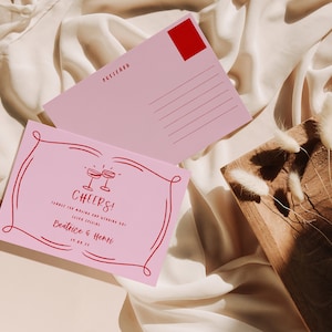 Tarjetas de agradecimiento ilustradas a mano, en rosa, rojo, ilustraciones de garabatos extravagantes, de inspiración francesa, plantilla editable de descarga instantánea BEATRICE