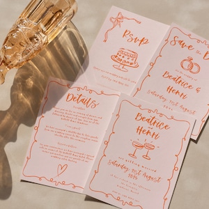 Suite de plantillas de invitación de boda moderna - Ilustraciones caprichosas de estilo francés naranja melocotón de inspiración vintage - Descarga digital BEATRICE