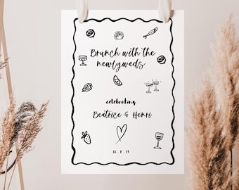 Post Wedding Brunch Sign Whimsical Scribble Illustration Morning After Wedding Brunch Sign French Inspired Editable Download BEATRICE