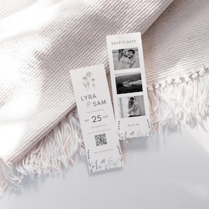 May include: Save the date card with a black and white photo strip design. The card features a floral border and the text "Lyra & Sam" with the date "Sat 25 Oct" and a QR code.