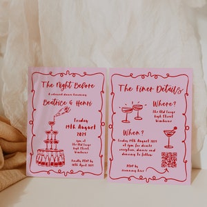 May include: Pink invitation cards with red text announcing a rehearsal dinner for Beatrice and Henri. The cards feature a drawing of a champagne tower and a QR code. The event will be held at The Old Forge in Wimborne on Friday, August 19th, 2025 at 6pm.