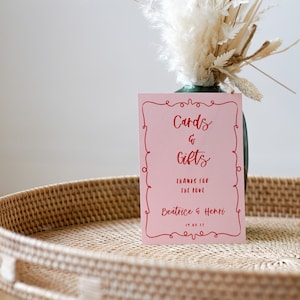 Bordje trouwkaarten en cadeaus, roze, rood grillig Frans geïnspireerde handgeïllustreerd, afdrukbare bewerkbare instant downloadsjabloon, BEATRICE