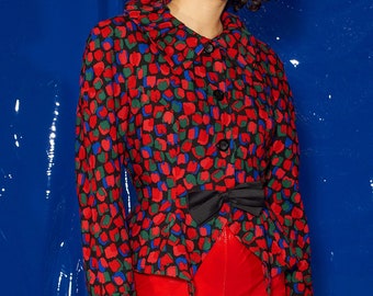 Vintage from 1950s bar printed jacket with black bows, rare find, red blue black green