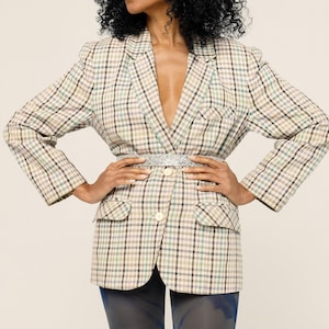 Pastel mint white brown pink checked blazer jacket Vintage from 1990s good condition