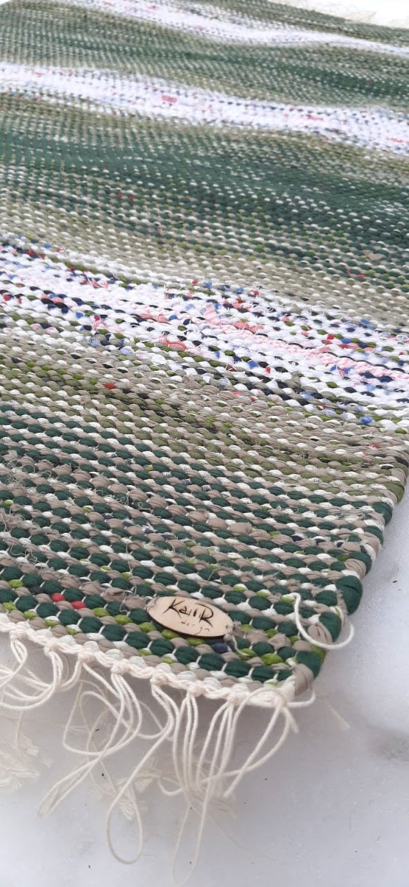 Green, White Rag Rug. Handmade on Loom. Scandinavian Design. Etsy UK