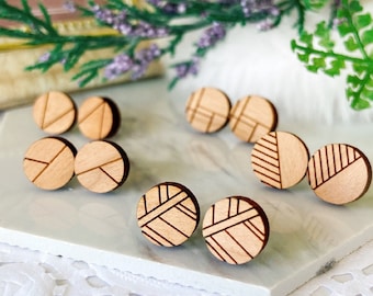 Round Wooden Earrings, Wooden Circle Laser Cut Stud Earrings, Geometric Round Hypoallergenic Surgical Steel Earrings