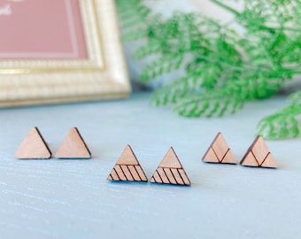 Geometric Triangle Wooden Stud Earrings: Hypoallergenic Surgical Steel