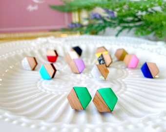 Hexagon Wooden Stud Earrings, Minimalist Geometric Stud, Hypoallergenic Surgical Steel Stud, Handmade Polymer Clay Stud Earrings