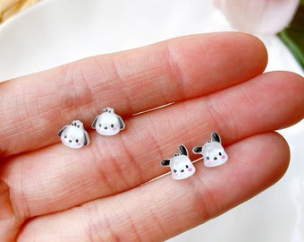 Tiny Pochacco Dog Earrings, Glitter Crystal Jelly, Surgical Steel Studs