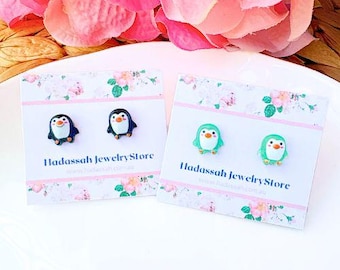 Adorable Penguin Inspired Earrings, Cartoon Hypoallergenic Surgical Steel Earrings clip-on option, Crystal Gel Effect