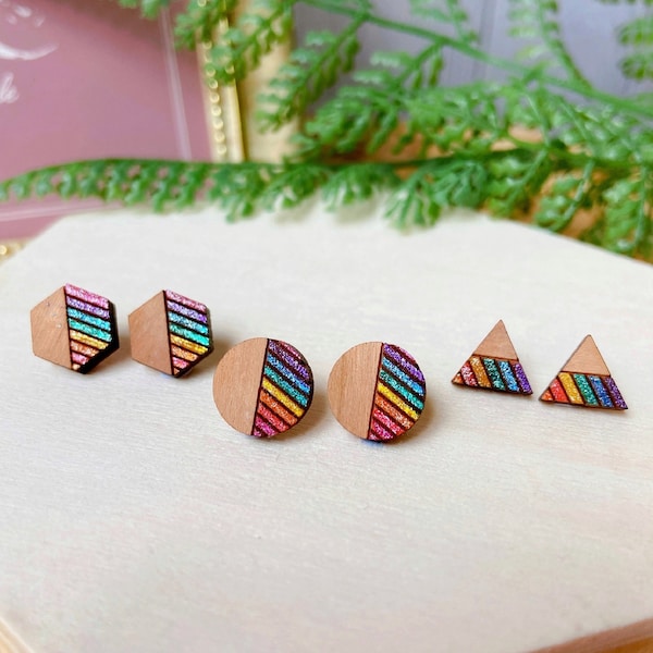 Rainbow Color Wooden Earrings, Wooden Rainbow Earrings, Wood Rainbow Hypoallergenic Surgical Steel Earrings