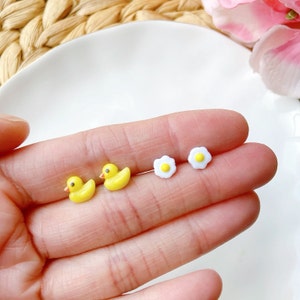 Tiny Chick or Fired Egg Earrings, Mini Chick Hypoallergenic Surgical Steel Stud or clip ons, Crystal Jelly Earrings, Fired Egg Stud Earrings