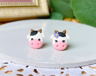 Handmade Polymer Clay Cow Stud Earrings: Surgical Steel Posts
