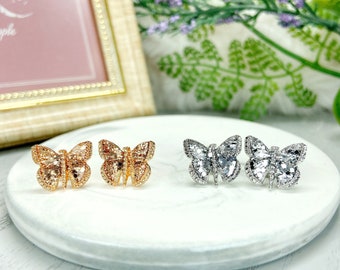 S925 Glitter Golden and Silver Butterfly Earrings, Sparkle Layer Butterfly Stud Earrings, S925 Butterfly Earrings