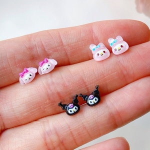 Tiny Melody Earrings, Mini Kuromi Hypoallergenic Surgical Steel Stud or clip ons, Crystal Jelly Cartoon Earrings Stud, Bunny Stud Earrings