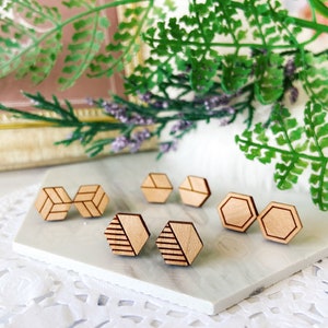 Laser Cut Hexagon Wooden Earrings: Geometric Surgical Steel Studs