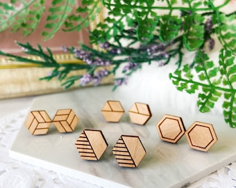 Laser Cut Hexagon Wooden Earrings: Geometric Surgical Steel Studs