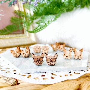 Wooden Bulldog Stud Earrings: Hypoallergenic Surgical Steel