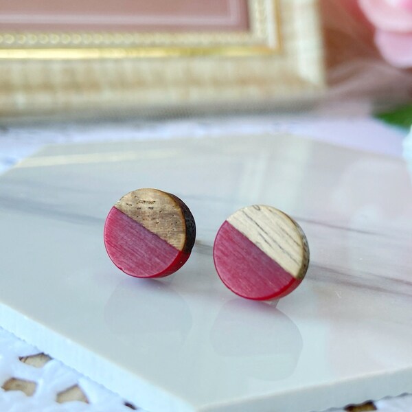 Red Round Circle Wooden Stud Earrings, Minimalist Geometric Stud, Hypoallergenic Surgical Steel Stud