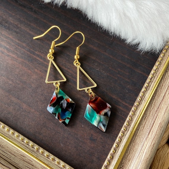 Peacock Green Rhombus Tortoise Shell Earrings Dangle Rhombus In Tortoise Earrings Geometric Turtle Shell Earrings Surgical Steel Earrings