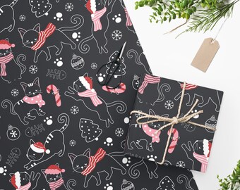 Christmas Cats Wrapping Paper Roll, Cat Holiday Decoration, Xmas Cat Gift Wrap, Gifts for Pets, Black Cats, Chalk Board