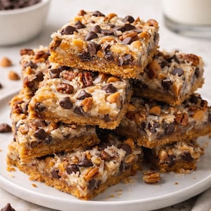 May include: A pile of layered dessert bars on a white plate. The bars feature a golden-brown base, a creamy middle layer, and are topped with chocolate chips, nuts, and coconut flakes. A glass of milk is in the background.