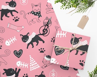 Christmas Cats Wrapping Paper Roll, Cat Holiday Decoration, Xmas Cat Gift Wrap, Gifts for Pets, Black Cats