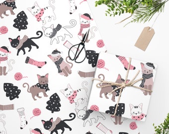 Christmas Cats Wrapping Paper Roll, Cat Holiday Decoration, Xmas Cat Gift Wrap, Gifts for Pets, Black Cats