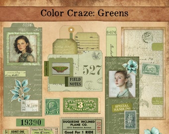 May include: A collage of vintage ephemera in shades of green, featuring portraits, stamps, tickets, and tags. The text "Color Craze: Greens" is at the top. Elements include a portrait of a woman, a butterfly illustration, and the number "527".
