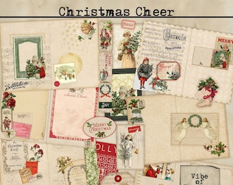 May include: A digital collage of vintage Christmas images, including illustrations of Santa Claus, angels, and holly. The images are arranged on a background of music sheet paper and have a distressed, antique look. The text "Christmas Cheer" is at the top of the collage.